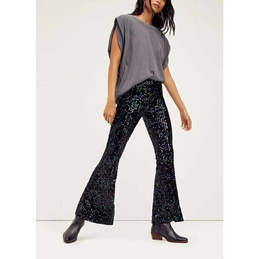 NEW FREE PEOPLE Sz L SEQUIN SLIM PULL ON FLARE PANTS